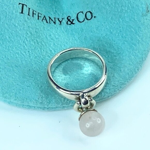 Tiffany & Co. Sterling 1995 dange Rose Quartz bead ring band s7 5.8g JR9751